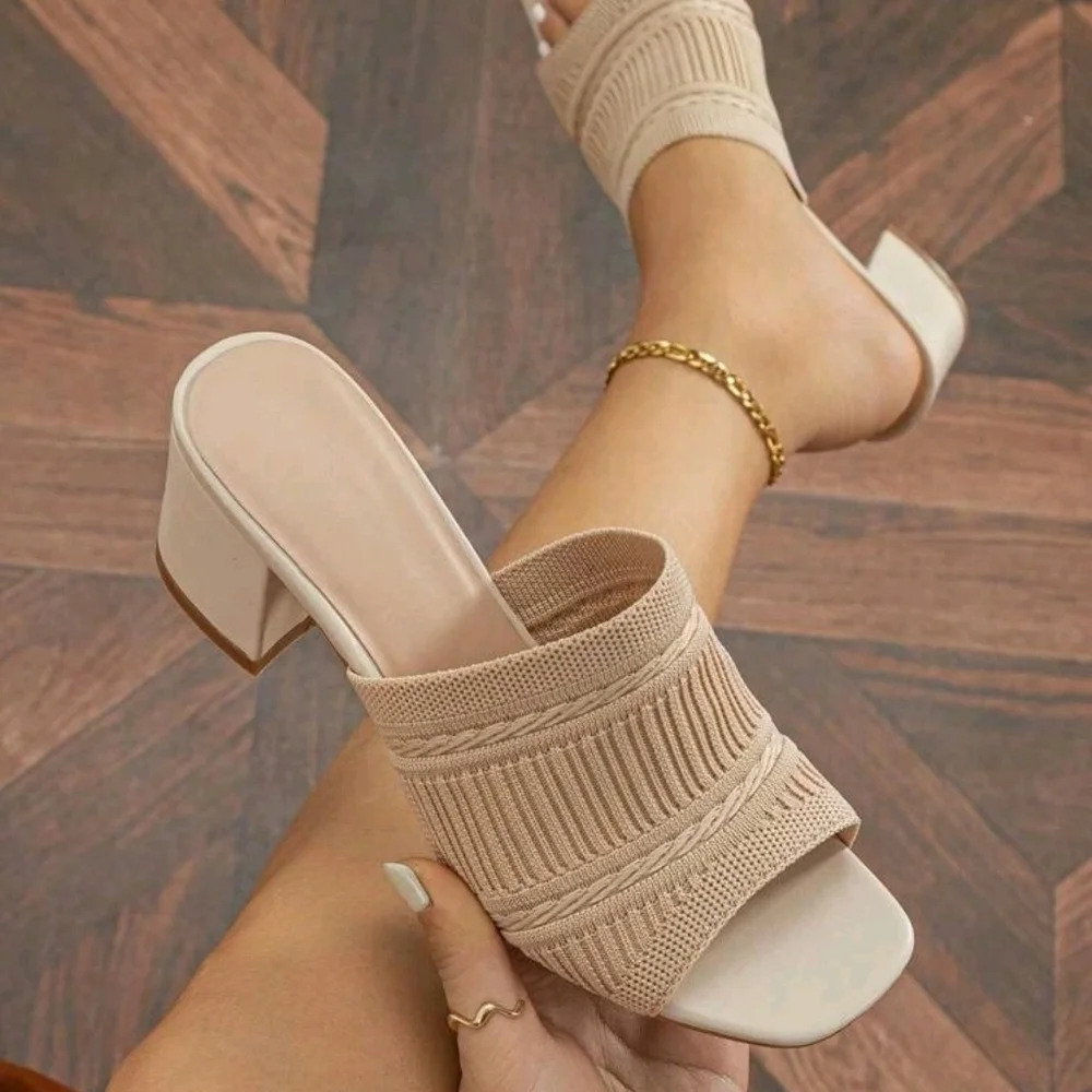 Women Minimalist Mule Sandals, Fabric Chunky Heeled Elegant Sandals